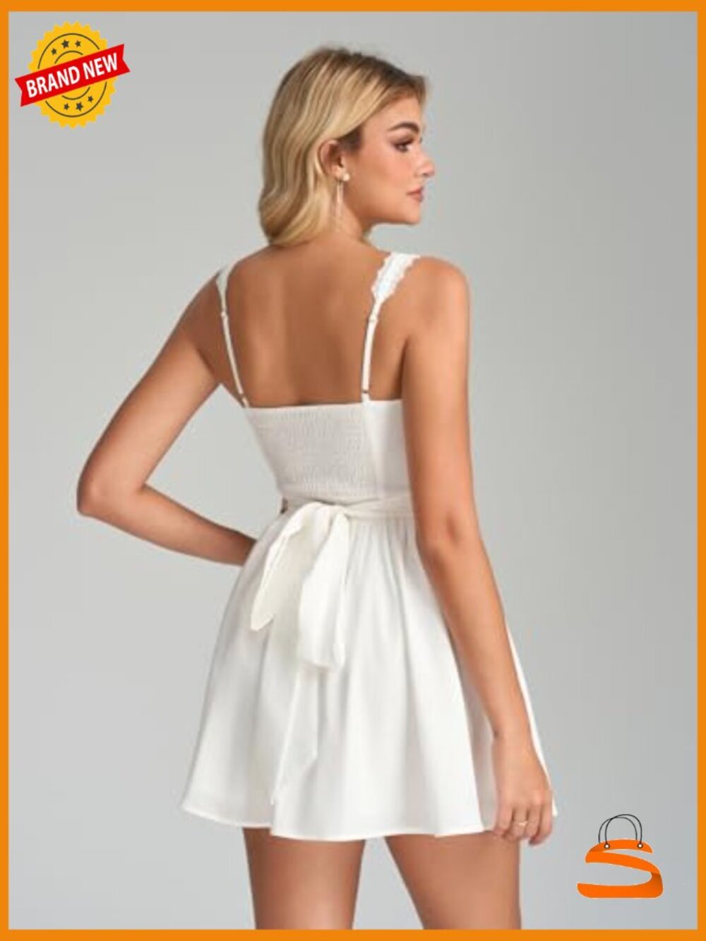 Lace Floral Corset Mini Dress Bow Tie Smocked Flowy Short Graduation Dress - Picture 3 of 6